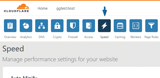 Интерфейс панели Cloudflare: раздел Speed → Optimization с настройками Rocket Loader и Origin Error Page Threshold