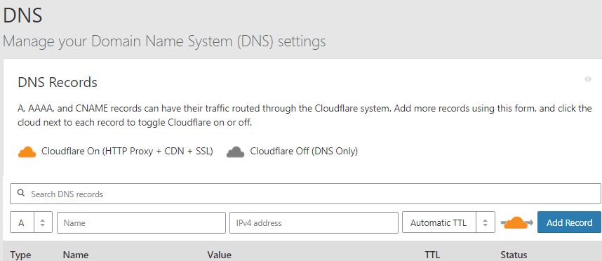Значки orange и grey облачка Cloudflare в панели DNS