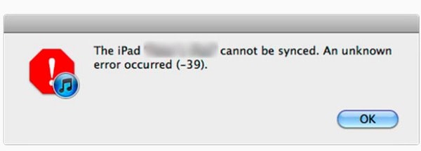 Окно iTunes с сообщением об ошибке 39 при синхронизации iPhone