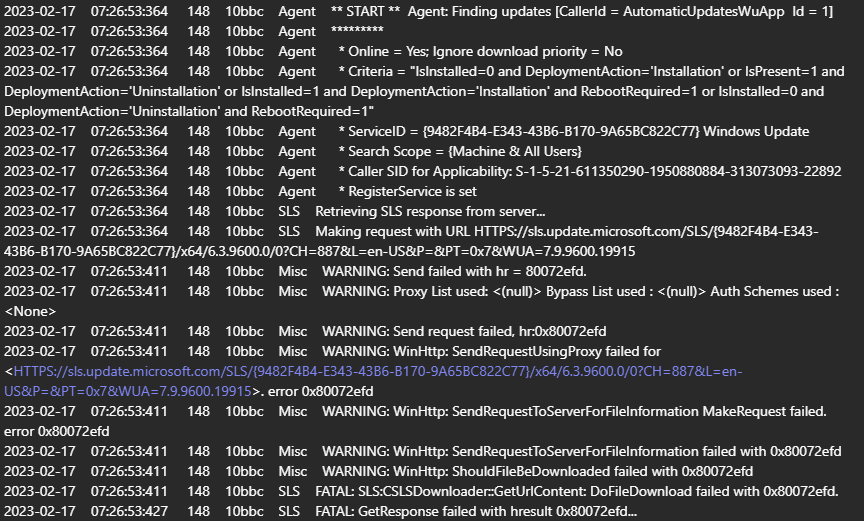 Окно Центра обновления Windows с сообщением об ошибке 0x80072efd при проверке обновлений