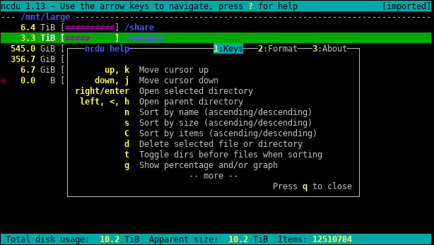 Интерфейс ncdu в терминале Linux, отображающий древовидную структуру использования диска